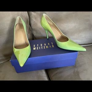 Stuart Weitzman Women’s Sz 7 Green Leather Pumps Pointed Toe 3.5” Stiletto Heels